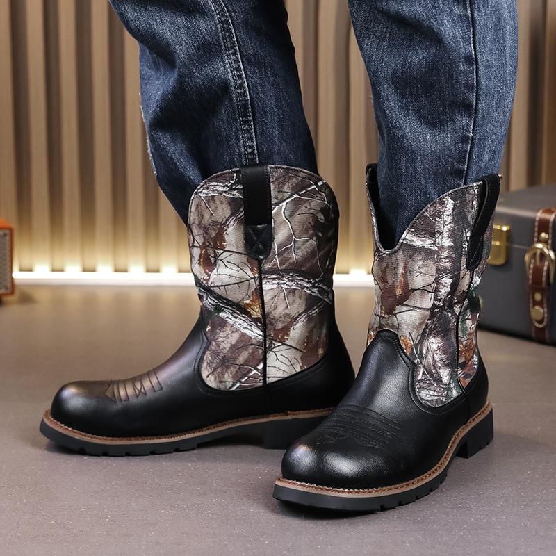 Men's Shoes Large Size Autumn and Winter Leather Boots Fashion High-top Leather Shoes Trend Cowboy Boots Thick-soled Non-slip Knight Boots