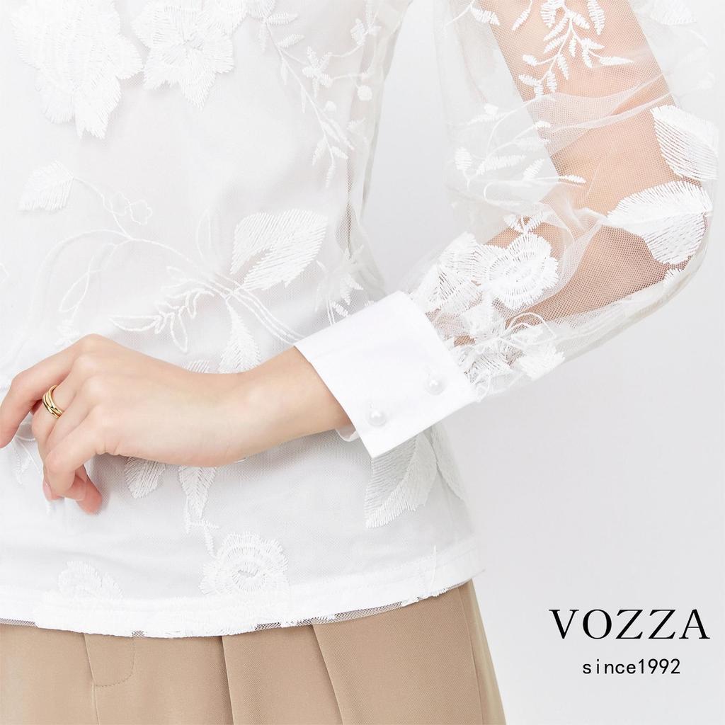 VOZZA Lace Long Sleeve Top with Embroidered Puff Sheer Floral Band Perfect for and Parties Women's See-Through Blouse/Shirt, Sleeves, Print, Stand-Up