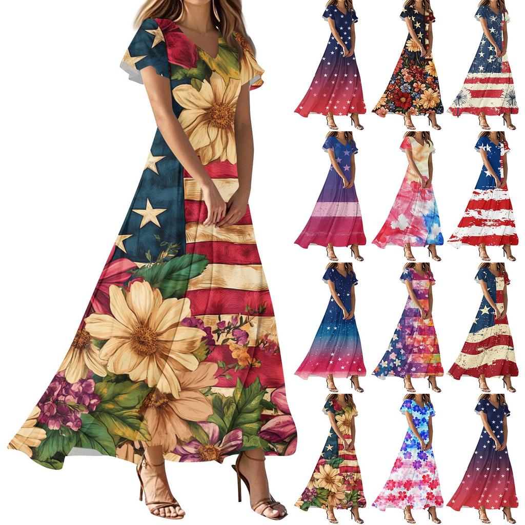 Женские повседневные модные платья с принтом ко Дню независимости, платья с коротким рукавом и V-образным вырезом