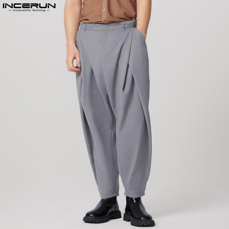 INCERUN Весенние мужские модные широкие длинные брюки для бега, однотонные повседневные свободные брюки макси, большие размеры
