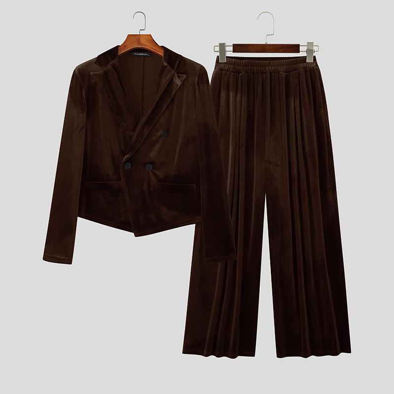 INCERUN Зима Осень Мужской Пиджак из Бархата с Заостренными Лацканами и Длинными Рукавами, Длинные Брюки, Повседневные Наряды, Комплекты из Двух Предметов