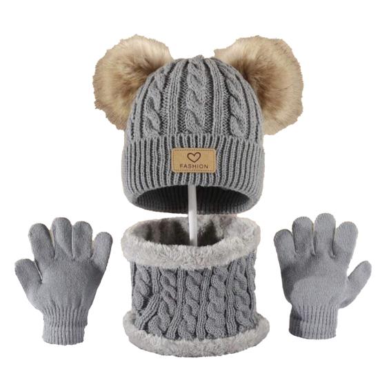 Yousheng 3 шт./компл. Детская зимняя шапка, шарф, перчатки, комплект, шапка без полей с двумя плюшевыми помпонами, вязаные перчатки с текстурой «косичка», флисовая подкладка, набор гетр для шеи