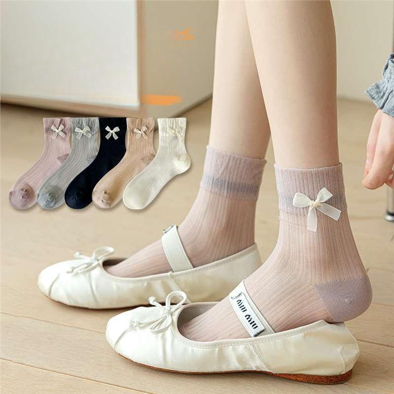 Ladies Spring and Summer Bow Lace Mesh Glass Wire Hollow Shank Pile Pile Socks