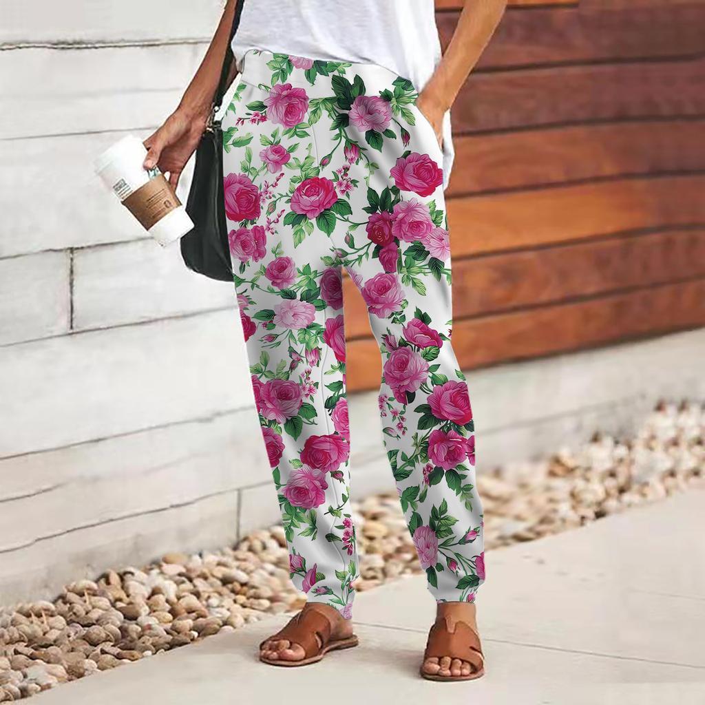 Женские брюки с принтом розовых цветов 3D, свободные брюки со шнуровкой и эластичным поясом, повседневные длинные брюки с карманами