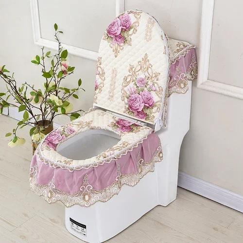 Декор из кружевной ткани с принтом Коврик для унитаза из трех частей Большая юбка Подол Чехол на сиденье для унитаза с молнией Пылезащитный чехол для унитаза