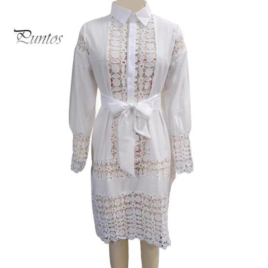 Женское платье-рубашка с лацканами, длинным рукавом, ажурным кружевом, мини-платье со шнуровкой, однотонное повседневное летнее платье