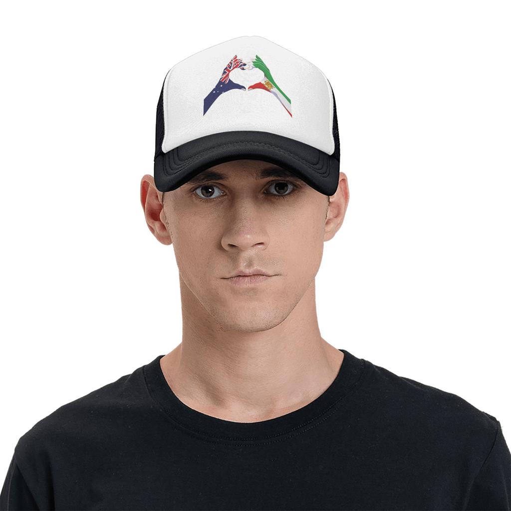 Australian Iranian Unity  Heart Hands with Lion and Sun Baseball Cap  Streetwear Men Mesh Trucker Hat Design Baseball Caps Gift