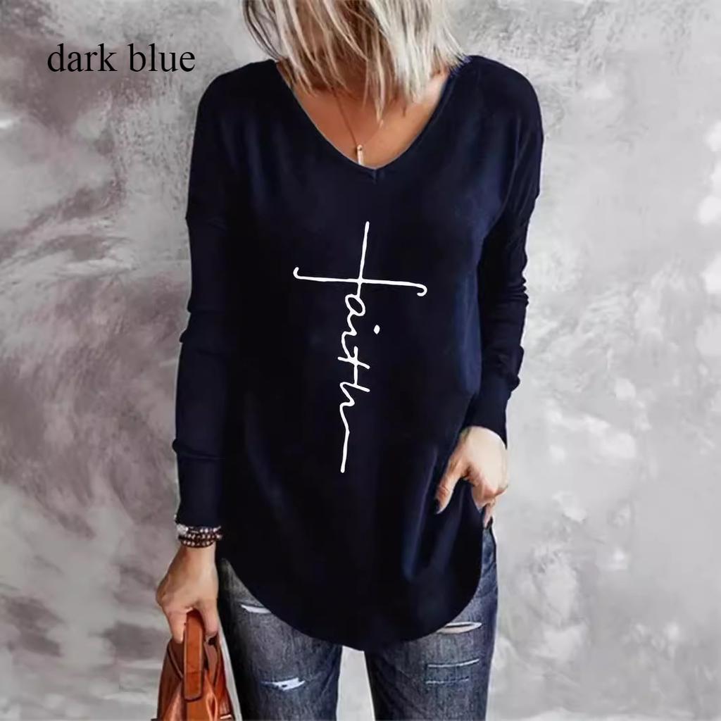 Animal Letters Feather Moon Printed 3D T Shirts Plus Size Black Tees Women Fashion V Neck Long Sleeve T Shirt