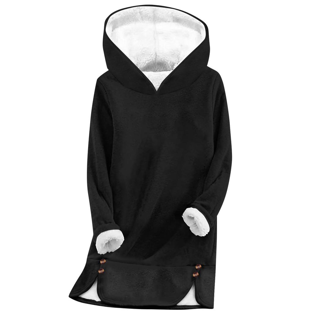 Women's Fashionable Solid Color Hooded Long Sleeved Plush Versatile Warm Bottom Shirt Top