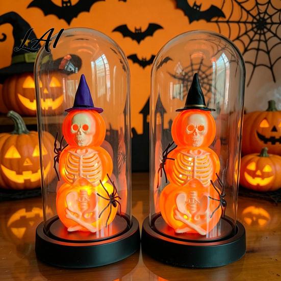 Skeleton Pumpkin Display Halloween Cloche Lamp Lighted Stacking Skull in Clear Decorative with Witch Hat Dome for Tabletop Mantel Party Decor