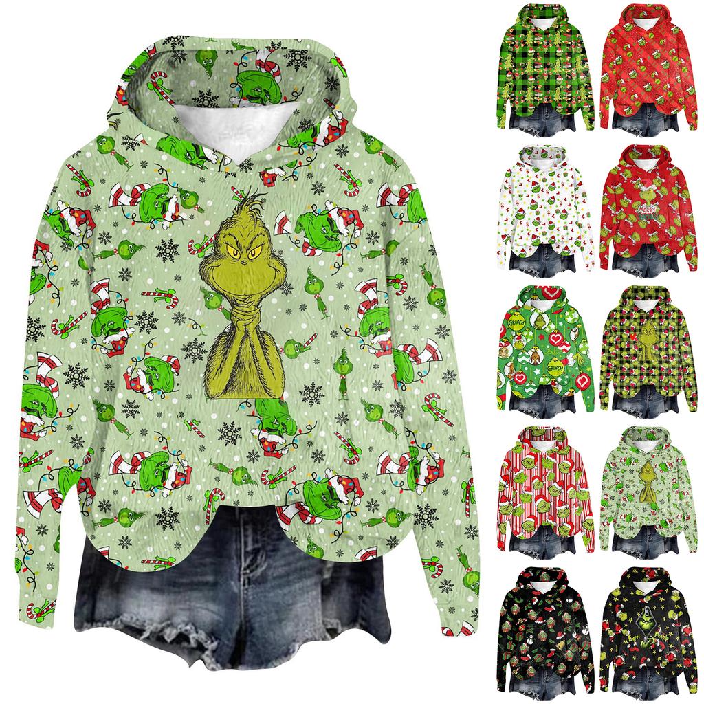 Women's Hooded Long Sleeve Christmas Printed Flannel Top Hooded Sweatshirt