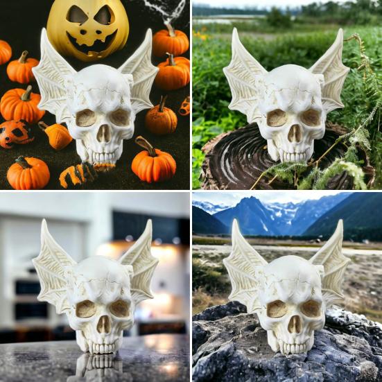 Bat Skull Figure Ornament Realistic Design Resin Hand-painted Gothic Ornament