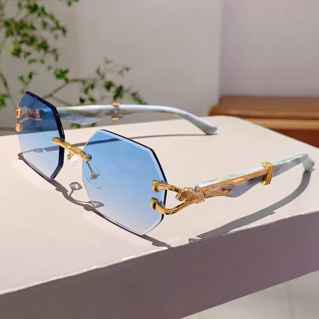 Y2K Rimless Octagon Sunglasses Women Men Luxury Vintage Punk Gold Leopard Head UV400 Sun Glasses