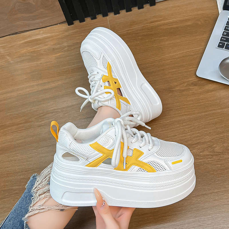 Little White Shoes Women's 2025 Summer New Thick-soled Hollow Shoes Small Man Height Increase Mesh Breathable Casual Versatile Board Shoes