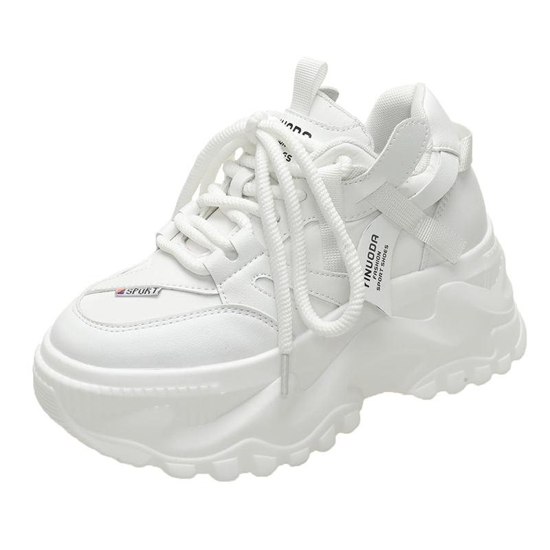 Модные женские кроссовки для ходьбы 8 см Осень Шнуровка Высокая платформа Массивная обувь Дышащая кожаная обувь Клиновидные каблуки Повседневная обувь Размер 42