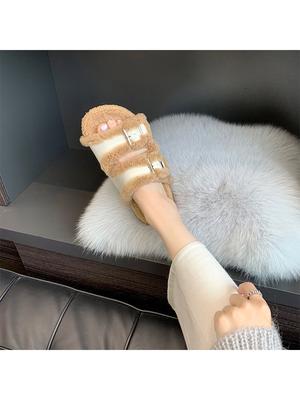 TX-3 теплая сестра _ однословная пряжка плюшевые тапочки из овечьей шерсти на толстой подошве для улицы женские