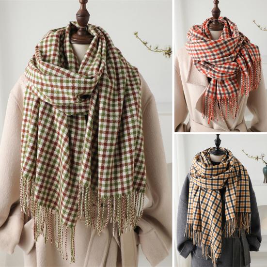 Women Scarf Plaid Print Knitting Shawl with Tassel Decoration Warm Scarf Versatile Comfortable Hair Accessory