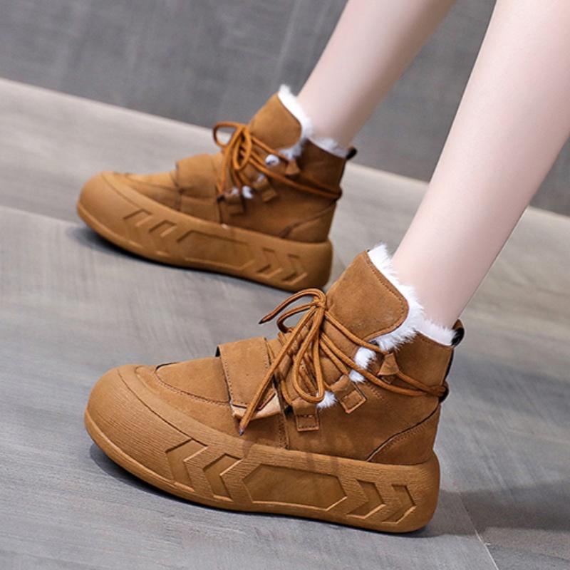 Модные женские замшевые ботинки на платформе с лодыжкой, зимние ботинки на плоской подошве, меховые теплые плюшевые хлопковые туфли, повседневные кроссовки для женщин, зима 2025 года, тренд, удобные ботинки Mujer