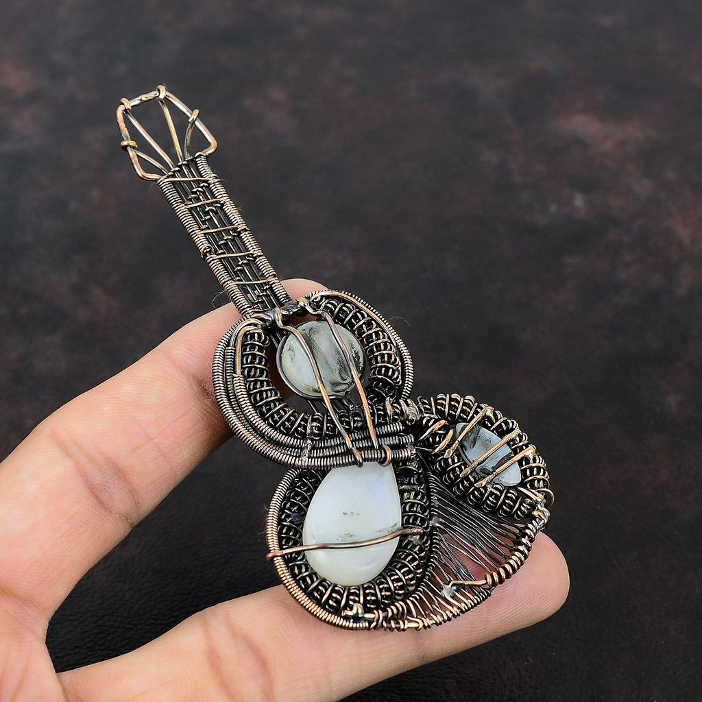 Rainbow Moonstone Pendant Copper Wire Wrapped Pendant Natural Gemstone Pendant Very Pretty Copper Jewelry Gift For Her Guitar Design Pendant