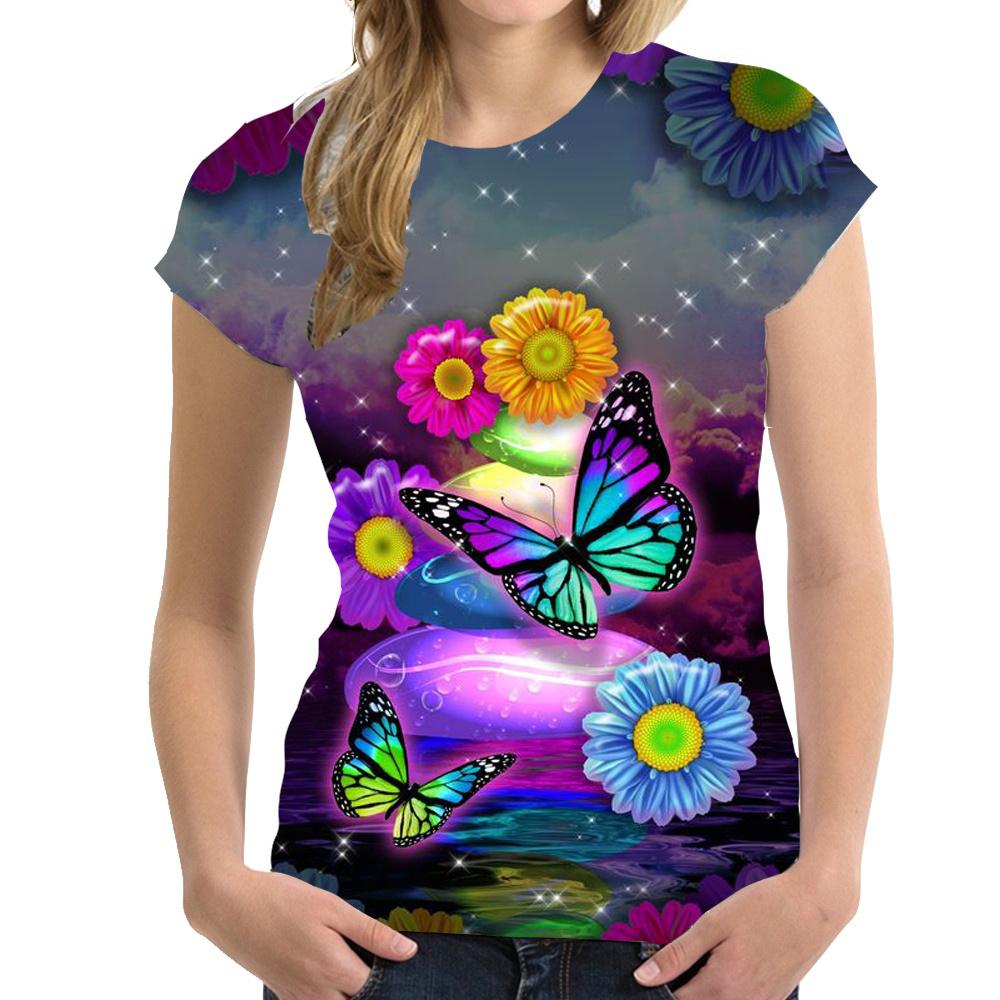 Летняя женская футболка с бабочкой, цветочная 3D печать, женская уличная одежда, футболка с короткими рукавами, верх оверсайз
