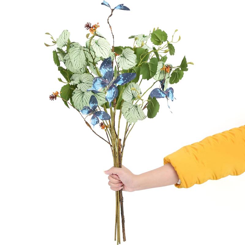 6Pcs Artificial Green Plants Faux Plants 70cm Real Touch Begonia Leaves Branches with Butterfly Fake Flowers Arrangements for Home Office Shop Decor