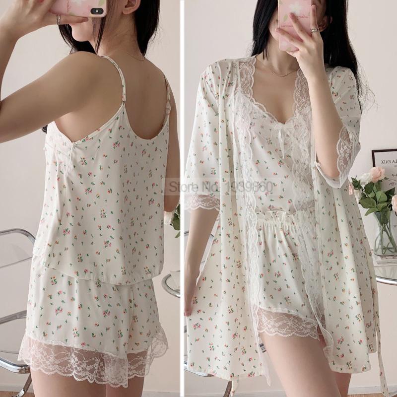 Ladies Pajama Set Summer Silk Kimono Robe Print Leopard Print 3 Piece Sleeping Set Camisole Shorts Lace Pajamas