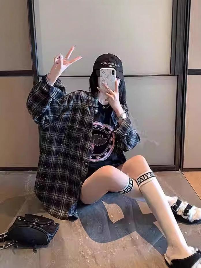 Клетчатая рубашка, украшенная стразами: Женский модный свободный кардиган с длинным рукавом для весны и осени.