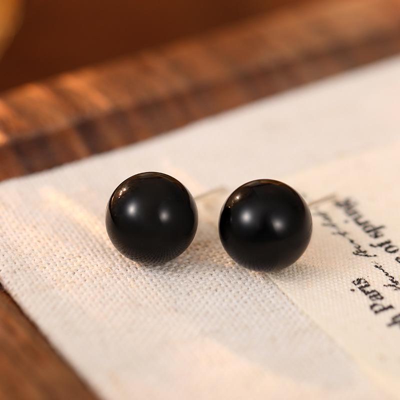 Серебряные корейские серьги с черным агатом для женщин - простые, элегантные, универсальные, небольшие эффектные украшения
