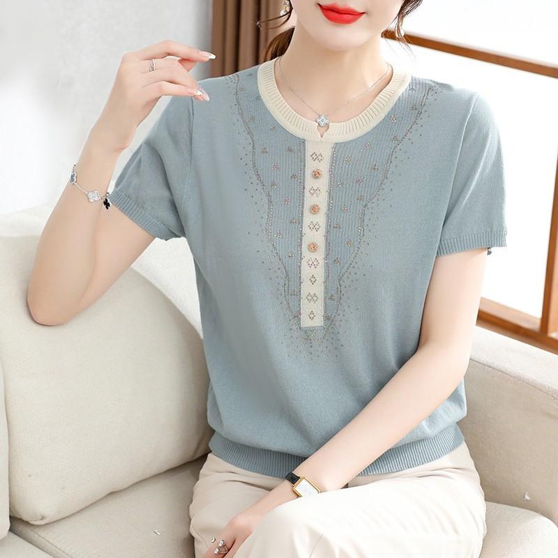 Летняя одежда для мам, короткий рукав, трикотажный топ, футболка из ледяного шелка, модные футболки для женщин среднего возраста и пожилых женщин