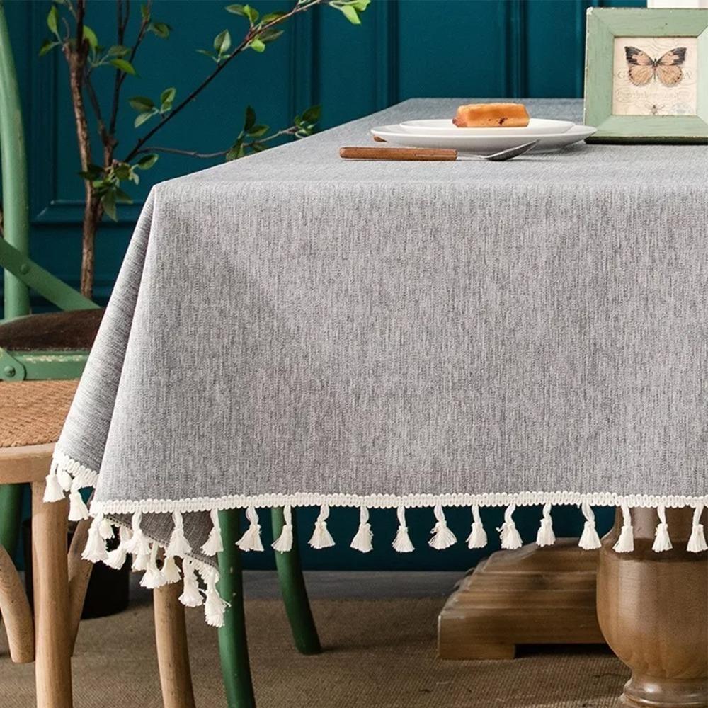Fade Resistant Tassel Tablecloth Gray Cotton Linen Table Cover Table Cloth Indoor Outdoor