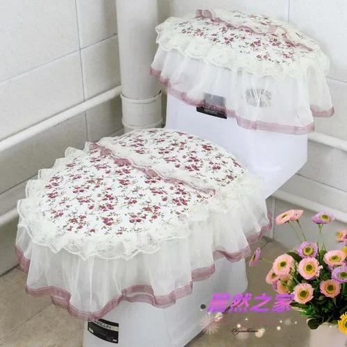 Декор из кружевной ткани с принтом Коврик для унитаза из трех частей Большая юбка Подол Чехол на сиденье для унитаза с молнией Пылезащитный чехол для унитаза