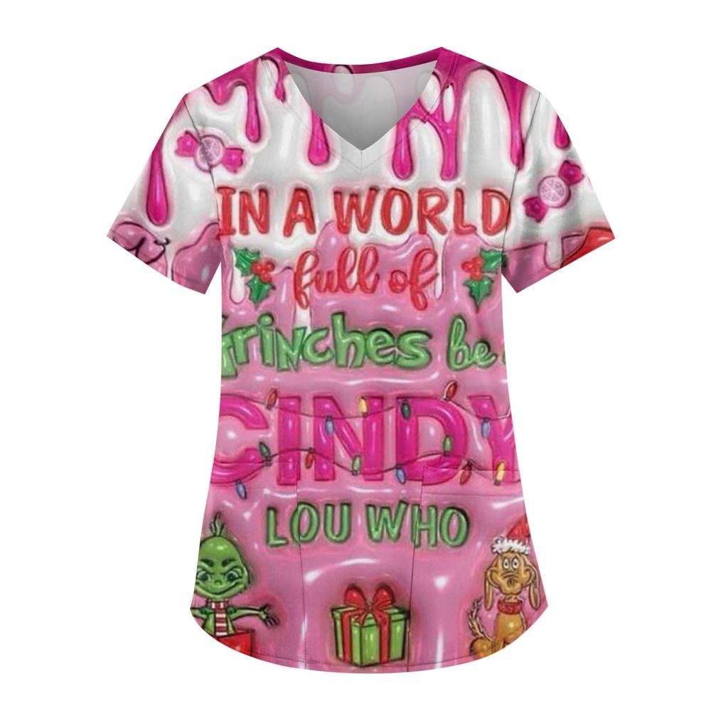 Women's Fashion Printed Short Sleeve V Neck Pattern Tops Pocket Working T-shirts