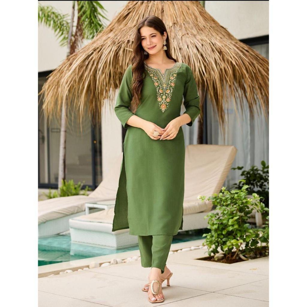 Women's Rayon Embroidered Straight Kurta with Pant And Dupatta Sets