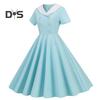 Women Prom Party Dress Vinatge 50s Evening Dress A-line Big Swing Short Sleeve V Neck Button Decor Fake Double-breasted Hidded Zipper Solid Color