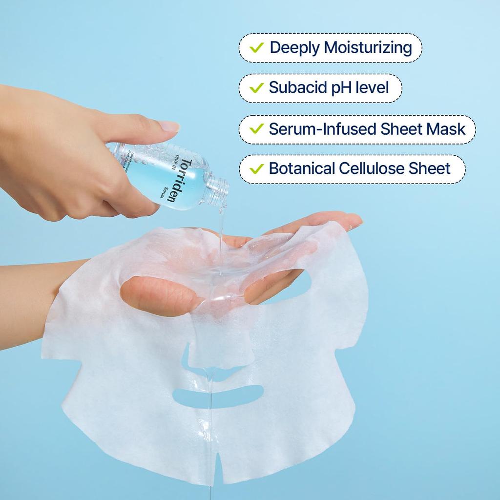 Torriden DIVE-IN Тканевые маски для лица с гиалуроновой кислотой (10 счет), Увлажнение чувствительной, сухой кожи | Без отдушек Без спирта Веганский, не тестируется на животных