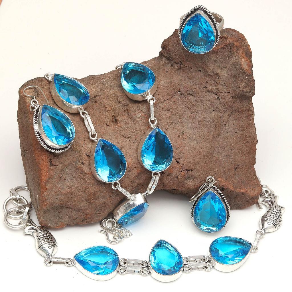 Topaz Blue London Jewelry Set  Gemstone Necklace Gift Sterling
