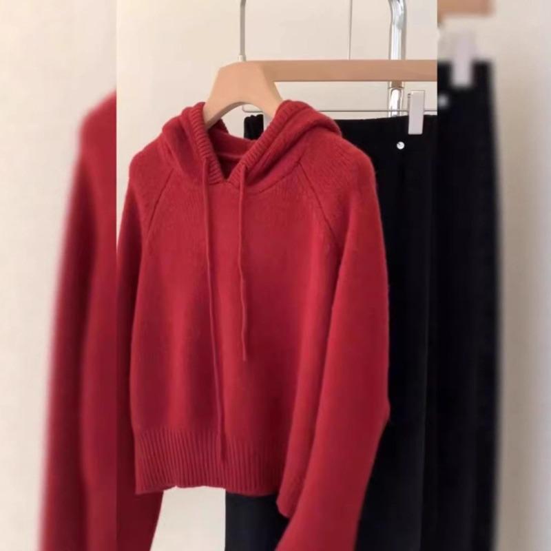 Hooded Red Sweater Women's Autumn and Winter Lazy Wind High-end Knitted Sweater Inner Top Small Early Autumn