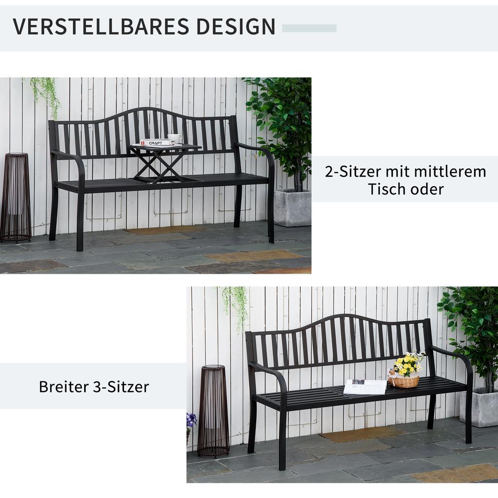 Metal Outdoor Bench with Liftable Middle Table. Patio Loveseat. Garden Bench for Garden. Porch. Seats 2–3 People. Black