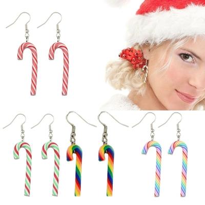 Рождественские серьги в виде леденца с разноцветными полосками, рождественские серьги-крючки, рождественские серьги-подвески
