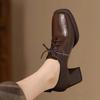 Retro Style Square Head Lace-up Leather Shoes Deep Mouth Single Shoes Women's 2025 Spring New Versatile British Style High Heels Women's Shoes