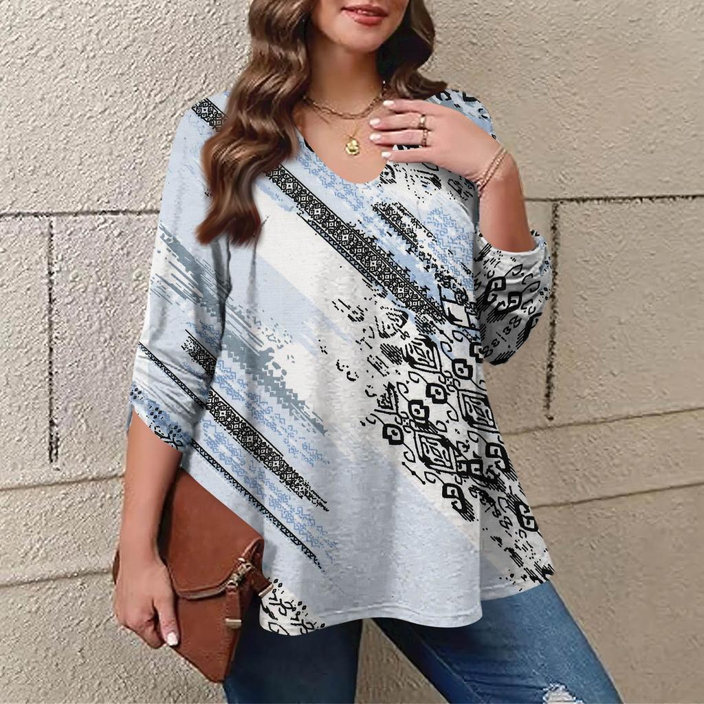 Women's Plus Size Fashion Printed Casual Pleated Round Neck Long Sleeve Top