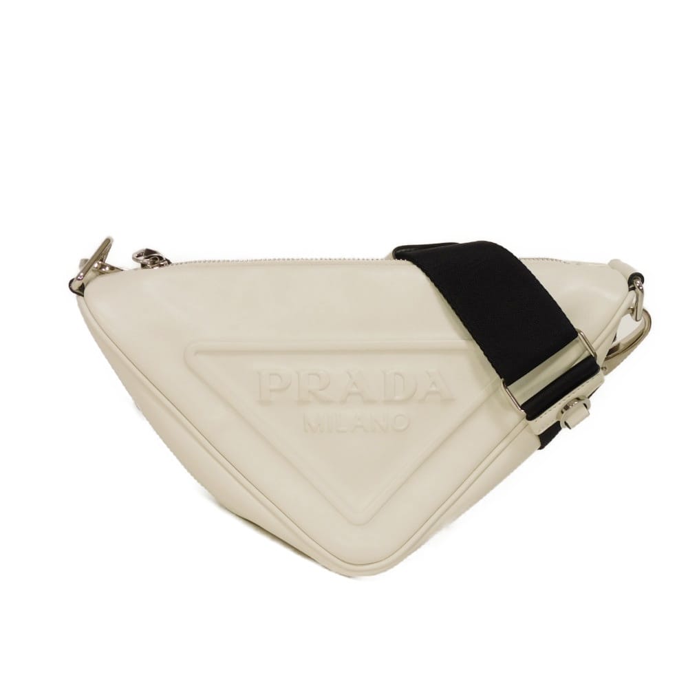 Used 11569 Triangle Leather Crossbody Bag 1BH190 2BYA F00099 7921 White RFID IC Chip Embossed Logo Bianco Unisex from