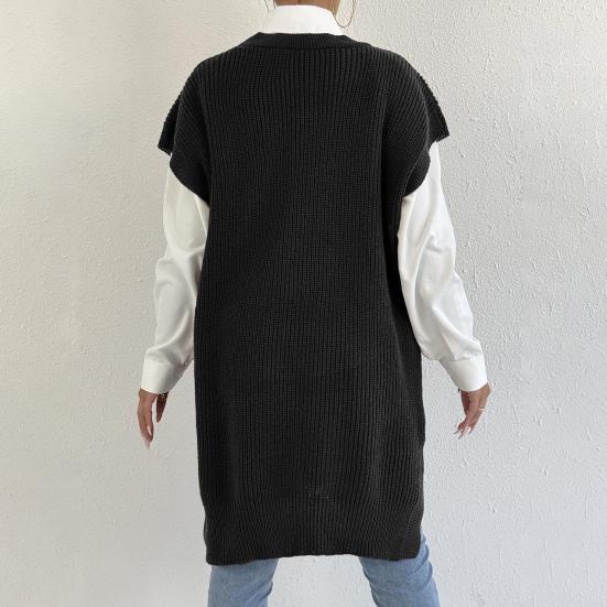 Женский свитер-жилет с V-образным вырезом, без рукавов, однотонный, вязаный, свободного кроя, с боковыми разрезами, повседневный свитер-жилет