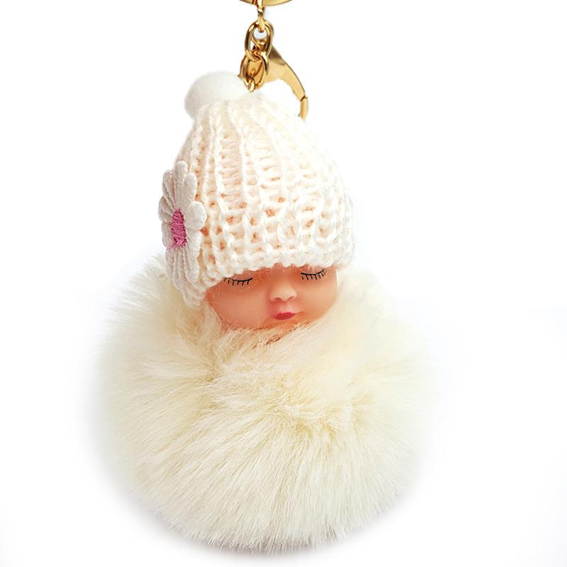1PC Cartoon Lovely Women Baby Sleep Doll Keyring Plush Bag Pendant Fluffy Fur Ball