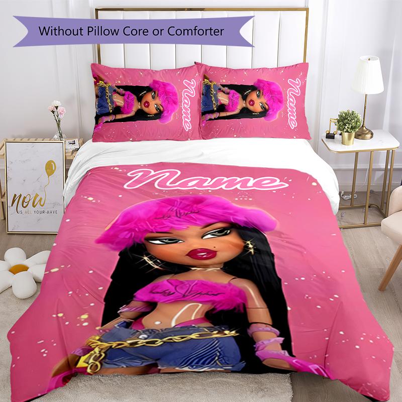 3pcs Custom Name Bratz Bedding Set Duvet Cover Closure Includes 1 Duvet Cover & 2 Pillowcases for All Seasons Bedroom Decor