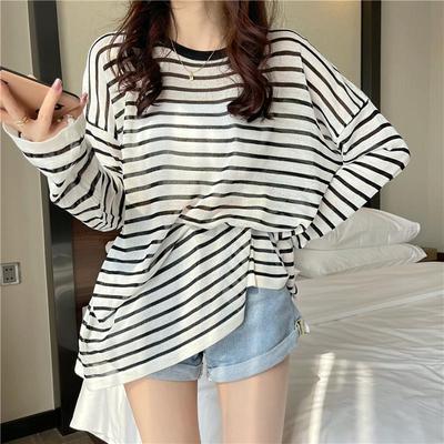 VAYLA Блузка оверсайз солнцезащитная женская летняя тонкая корейская в полоску с длинным рукавом повседневная базовая свободный пуловер с круглым вырезом милые топы женские