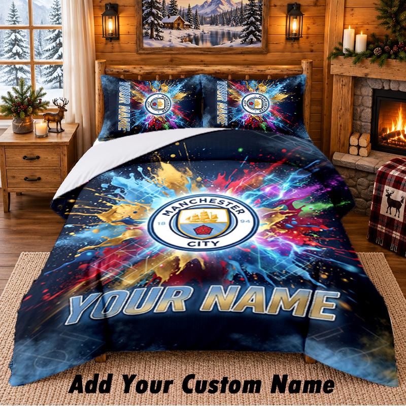 Manchester City Pattern Bedding 3Pcs Set Custom Name, Bed Sheet And Pillowcases For Home Bedroom