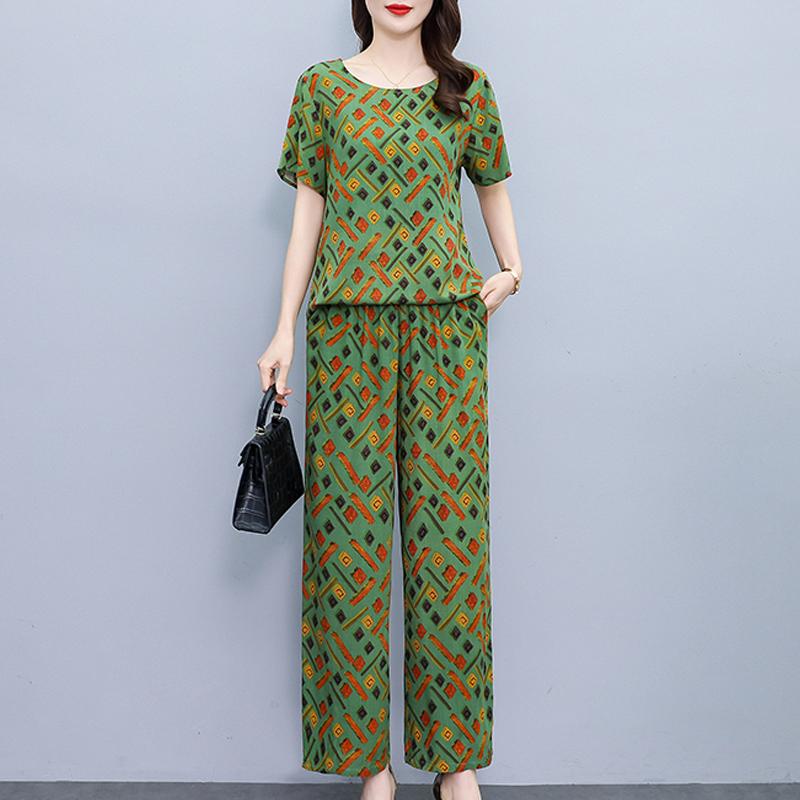 Летние комплекты с широкими брюками больших размеров с винтажным принтом, повседневные элегантные свободные комплекты для женщин, комплект из 2 предметов