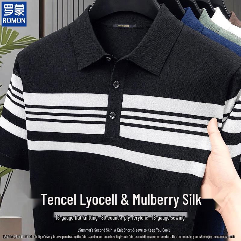 ROMON Men's Lyocell Silk Blend Striped Polo Shirt