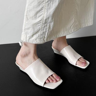 Тапочки с открытым носком и покатым каблуком, женские, 24, летние, толстый каблук, мягкая квадратная головка, модная одежда, простые, односложные тапочки